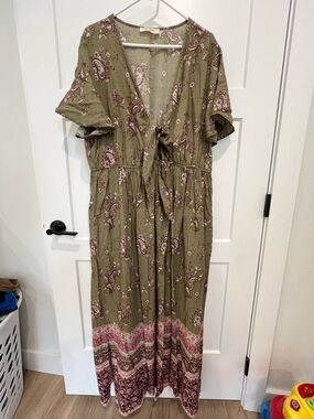 Olive Paisley Tie-Front Maxi Dress -